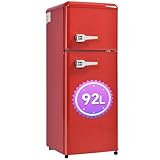 DRIXNO Retro-Kühlschrank. Kühl-Gefrier-Kombination, 105.5 cm hoch, 41 cm breit, zweitürig, mit 92 Liter Gesamtvolumen, 28 Liter Gefriervolumen. Türregale und Glasregale. 181 kWh/Jahr,