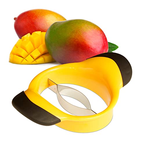 Relaxdays Mangoschneider, Mango teilen & entkernen, rutschfester Griff, Edelstahl-Klinge, Mango Slicer, schwarz-gelb, 1 Stück